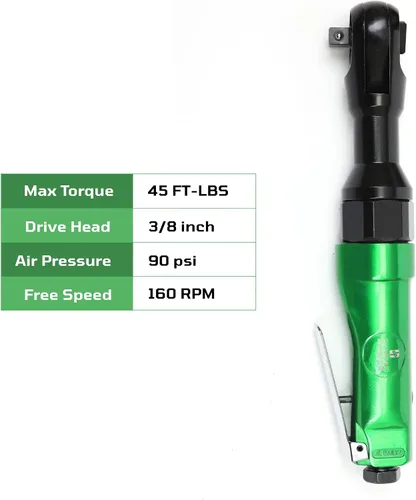 Miniatura 2 de Dynamic Power Trinquete de aire profesional reversible de 3/8 pulgadas (verde y negro) Par máximo: 45 FT-LBS