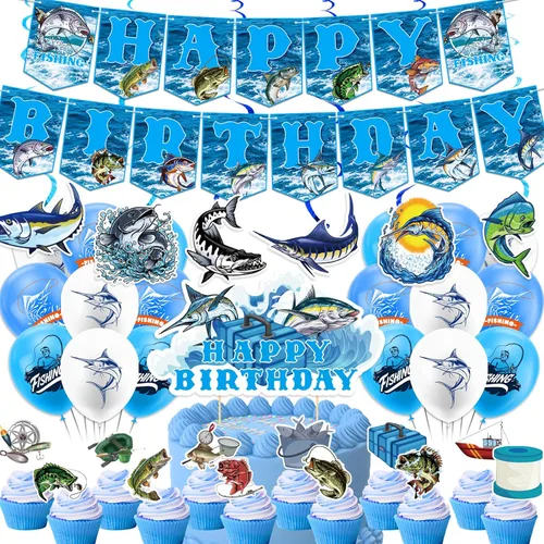 Decoraciones de fiesta de pesca Gone Fishing suministros de fiesta de cumpleaños, incluye pancarta de pesca de feliz cumpleaños, decoración de