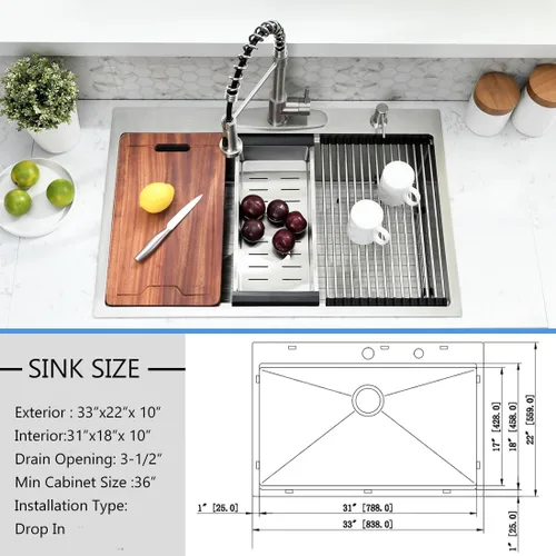 Miniatura 9 de Estación de trabajo de fregadero de cocina de 33 pulgadas - VOKIM 33 x 22 pulgadas, fregadero de cocina de montaje superior de 16 calibre, fregadero