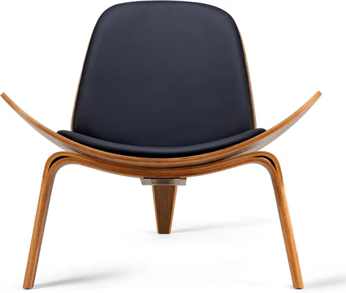 Miniatura 5 de Hans Wegner Style Silla de tres patas, silla de madera contrachapada de ceniza con tapicería de piel sintética negra, muebles de sala de estar