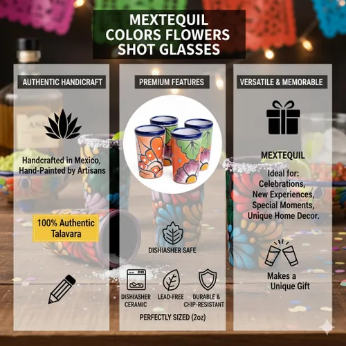 Miniatura 2 de Juego de 4 vasos de chupito Talavera auténticos mexicanos para tequila - Pintados a mano - 2 Oz (Flores naranjas)