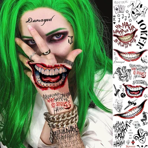 Miniatura 2 de EGMBGM 5 hojas de tatuajes temporales de Joker 3D para hombres, mujeres y adultos, kit de maquillaje de Halloween, payaso fantasma, sonrisa