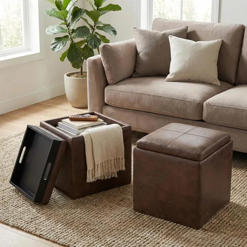 Miniatura 3 de SIMPLIHOME Rockwood - Otomana de almacenamiento en cubo con bandeja, otomana tapizada de cuero vegano de 17 pulgadas de ancho en marrón envejecido