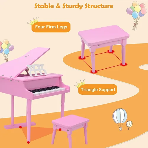 Miniatura 9 de HONEY JOY Piano clásico para niños, mini piano de cola de 30 teclas con soporte de música y banco, juguete de instrumento musical de madera con tapa