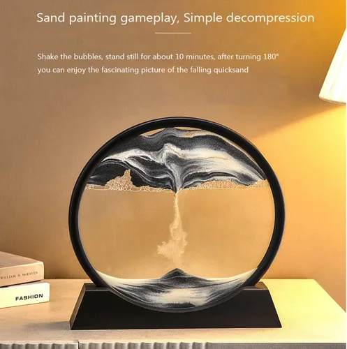 Miniatura 2 de XKSW Pintura de arena que fluye 3D, decoración de arte en movimiento, marco de vidrio redondo de paisaje natural de reloj de arena, pintura de arena