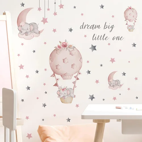Miniatura 6 de Adhesivo de pared grande con diseño de elefante y elefante rosa durmiendo, sacinora Moon and Stars, vinilo extraíble para niños, guardería