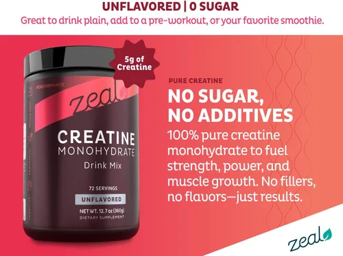 Miniatura 2 de Zeal - Monohidrato de creatina micronizada en polvo Creatina pura sin sabor 0.18 oz por porción, 72 porciones Apoya el crecimiento muscular