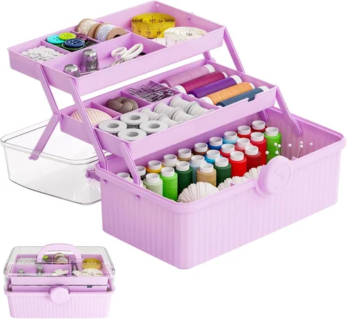 Miniatura 10 de Caja de plástico de 3 capas para manualidades y caja de herramientas para manualidades, caja de almacenamiento de plástico multiusos con asa
