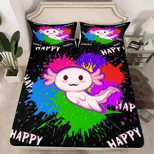 Miniatura 2 de Homewish Axolotl - Sábana bajera ajustable Kawaii para niños, tamaño individual, juego de ropa de cama de teñido anudado con pintura de acuarela