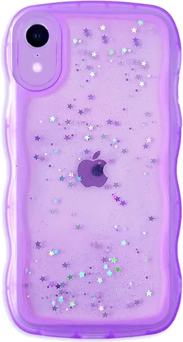 Miniatura 141 de Qokey Funda para iPhone 12 Pro Max de 6.7 pulgadas, diseño de onda rizada, borde transparente, brillante con purpurina, estrella brillante, bonita