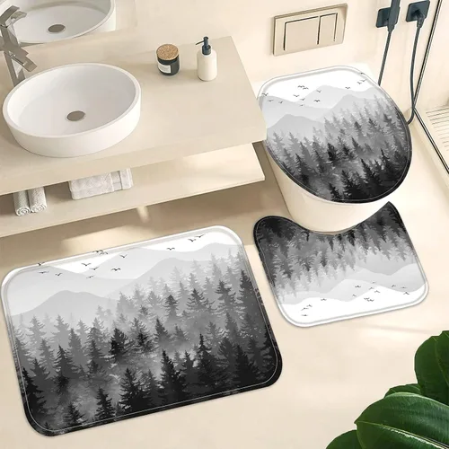 Miniatura 5 de Fungarth Juego de 4 cortinas de ducha de bosque brumoso negro y blanco con alfombra, juegos de baño de montaña con cortina de ducha de tela