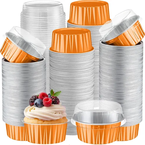 Miniatura 17 de Gejoy 400 Piezas Moldes de Papel de Aluminio para Hornear con Tapas 5 oz Moldes Desechables Ramekins Mini Moldes para Pasteles Crème Brûlée Moldes