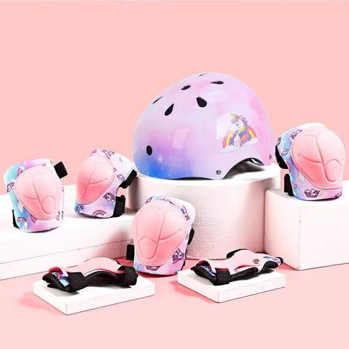 Miniatura 2 de Casco para niños con rodilleras, coderas y protectores de muñeca, equipo de protección para niños de 3 a 5-8 años para niños y niñas, apto para Rosa