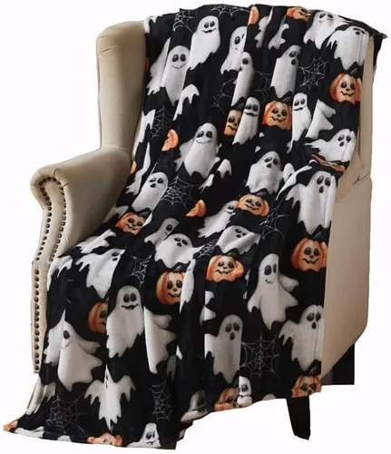 Miniatura 15 de Manta de forro polar de Halloween: telaraña, sombrero de bruja, murciélagos negros, calabazas naranjas, franela suave y cálida para cama, sofá