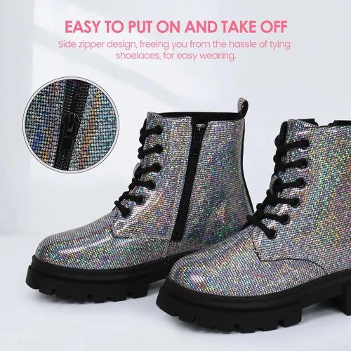Miniatura 3 de starmerx Botas de tobillo para niñas, botas de combate con cordones y cremallera lateral, cómodas botas para niños