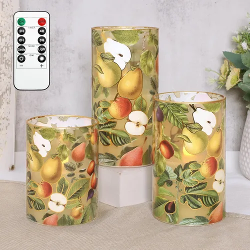 Velas de otoño sin llama con temporizador remoto, de cristal de manzana y pera parpadeante, funciona con pilas, velas LED para decoración del hogar,