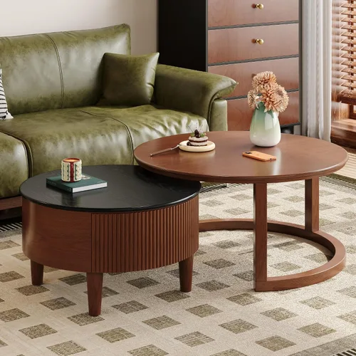 Miniatura 12 de Mesa de café redonda, mesa de café moderna de 31.5" con 2 cajones grandes de almacenamiento, tapa de mesa con patrón de mármol, mesa central