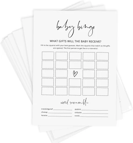GardenCity Juego de bingo para baby shower, bingo de regalo para bebés con palabras Scramble, cuadrados en blanco, 50 tarjetas (minimalista)