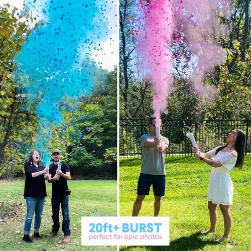 Miniatura 4 de PrimePure Cañón de confeti para revelación de género, polvo biodegradable y confeti en forma de corazón, 2 rosas y 2 azules, paquete de 4