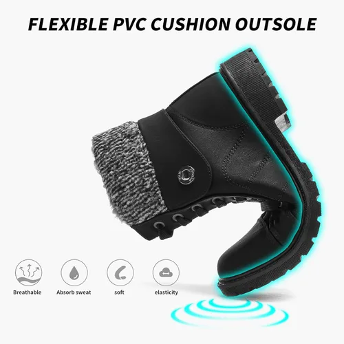 Miniatura 4 de Botas de combate de piel sintética para mujer, con forro de piel cálida, botines negros con cremallera lateral, botas de invierno antideslizantes