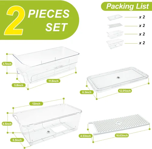 Miniatura 6 de Cajón organizador extraíble para refrigerador, contenedores apilables para refrigerador con bandeja de drenaje y tapa, caja transparente