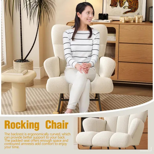 Miniatura 6 de Gaussen Mecedora planeadora para guardería, cómoda silla decorativa con respaldo alto, sillas de sala de estar tapizadas suaves para lectura, Blanco