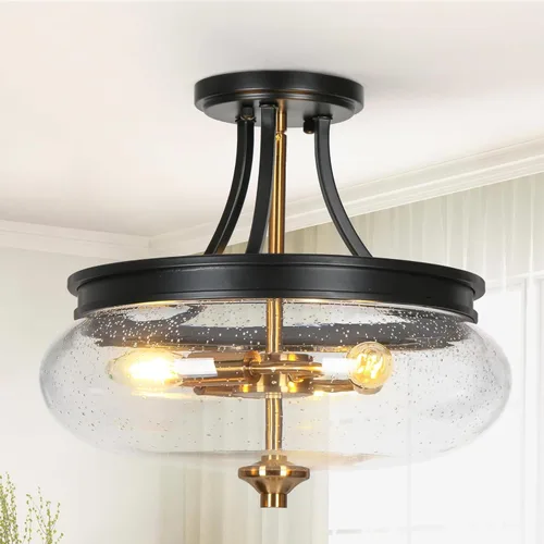 classy leaves Lámpara de techo semiempotrada, color negro y dorado, lámpara de techo de 3 luces moderna de granja con vidrio sembrado para cocina,