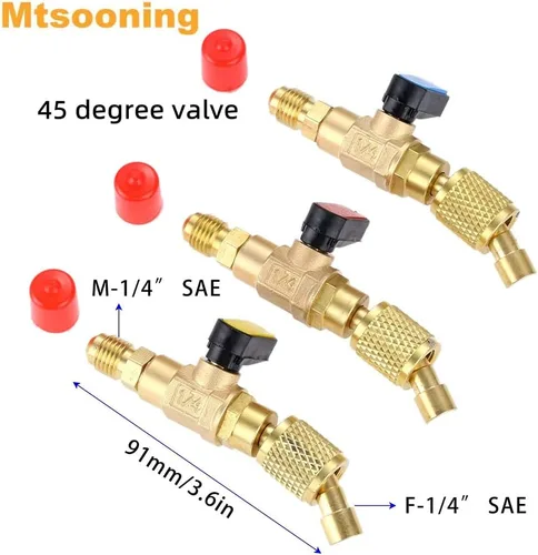 Miniatura 2 de Kit de instalación de removedor de núcleo de válvula R12 R22 R410A, 3 válvulas de bola SAE de 45° 1/4 pulgadas, 10 núcleos de válvula, 2 puertos