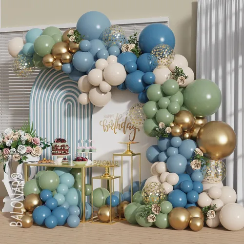 Kit de arco de guirnalda de globos de color verde salvia azul polvoriento, con 152 globos de confeti azul niebla pastel beige dorado para decoración