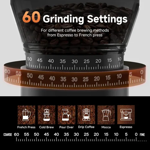 Miniatura 2 de AAOBOSI Molinillo inalámbrico de granos de café con 60 ajustes de molienda, temporizador ajustable de 98 segundos y rebaba cónica, antiestático