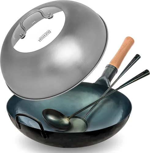 YOSUKATA Sartén para wok de fondo redondo azul de 14 pulgadas + tapa de wok de 13.6 pulgadas, cubierta de wok de acero inoxidable con orificios de
