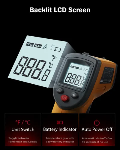 Miniatura 5 de Pistola de temperatura láser con termómetro infrarrojo, pistola digital de temperatura de calor sin contacto para cocinar alimentos, horno de pizza