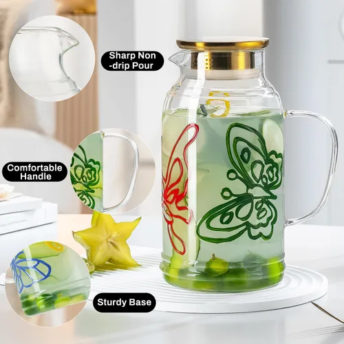 Miniatura 5 de Buaic Jarra de Vidrio con Tapa y Asa, PAQUETE DE 2 de 68 oz/2 Litros Jarra de Agua para Refrigerador con Diseño Vintage de Mariposa Pintado a Mano