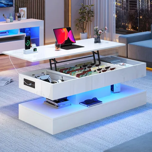 Miniatura 10 de 39.4" Mesa de café grande con tapa elevable, modernas mesas de café LED de alto brillo para sala de estar con almacenamiento, mesas de salón negras
