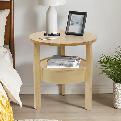Miniatura 8 de Mesa auxiliar redonda con almacenamiento y cajón oculto, mesa auxiliar de madera natural de 20 pulgadas de profundidad x 20 pulgadas de alto