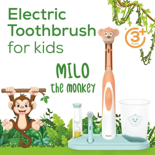 Miniatura 2 de Beurer TB10 - Kit de cepillo de dientes eléctrico para niños, divertido gorro Milo the Monkey con 2 cabezales de cepillo extra suaves para ayudar a