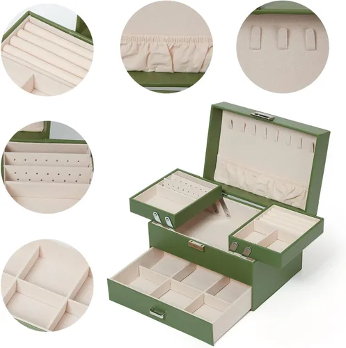 Miniatura 3 de Joyero de 3 capas grande de cuero organizador de joyas para mujeres y niñas, elegante y bien organizado para aretes, anillos, collares, pulseras
