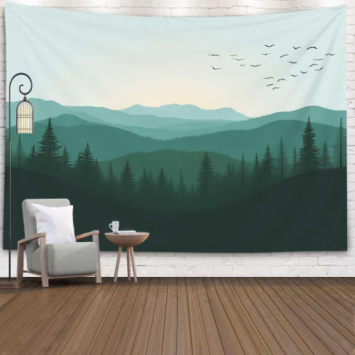Miniatura 8 de EMMTEEY Tapiz de pared con bosque - Árbol de pino verde y niebla, arte de pared natural, 80x60 pulgadas, tapiz grande de estilo bohemio para sala