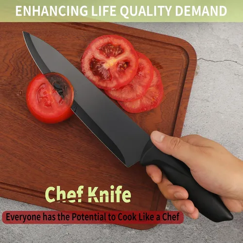 Miniatura 6 de Juego de cuchillos negros con bloque, juego de 6 cuchillos para tijeras de cocina con soporte compacto, cuchillo de chef afilado sin palo, diseño