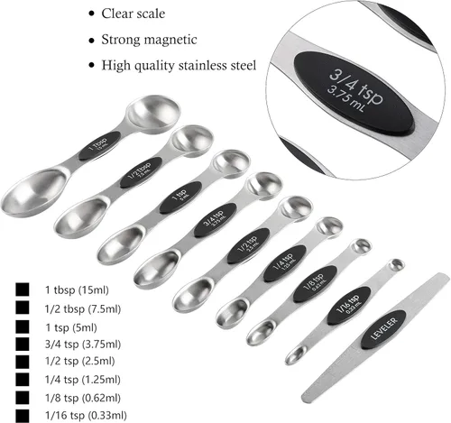 Miniatura 3 de Juego de tazas y cucharas medidoras de acero inoxidable, incluye 8 tazas medidoras resistentes, 8 cucharas medidoras magnéticas de doble cara y 1