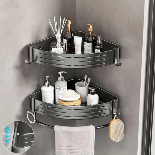 Miniatura 8 de Organizador de esquina para ducha, paquete de 2 estantes adhesivos con ganchos para toalleros, sin perforaciones, impermeable, a prueba de óxido