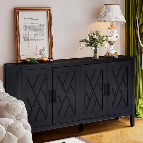 Miniatura 4 de LUMISOL Aparador de buffet negro vintage, gabinete de almacenamiento americano con estante ajustable, consola de 4 puertas, soporte para TV de hasta
