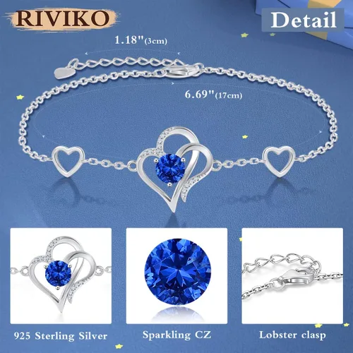 Miniatura 4 de RIVIKO Pulsera con dije de corazón de amor para mujer, plata de ley 925 con circonitas de piedra natal, eslabones ajustables para madre, esposa