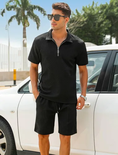Miniatura 2 de EISHOPEER Conjunto de camisa polo y pantalón corto para hombre, trajes de verano a la moda con cremallera para hombre, manga corta, 2 piezas
