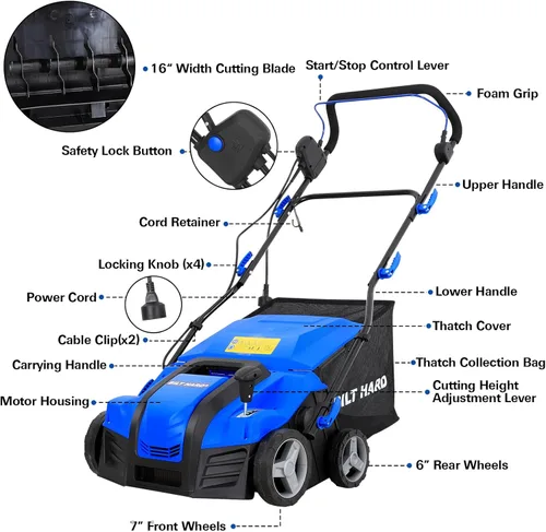 Miniatura 9 de BILT HARD Descompactador Escarificador eléctrico de 16 pulgadas, motor de cobre de 15 amperios, ajuste de profundidad de 5 posiciones, bolsa de paja