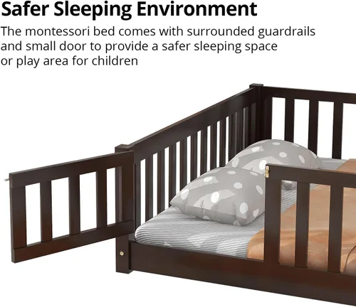 Miniatura 3 de Marco de cama Montessori de madera de tamaño individual con listones de madera, valla y puerta para niños, niñas y niños, espresso