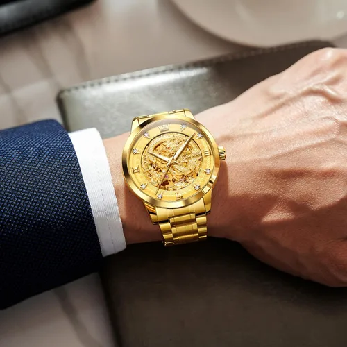 Miniatura 6 de OLEVS Dragon Skeleton Reloj automático para hombre, 1.654 pulgadas, esfera grande, dorado, de lujo, cuerda automática, impermeable, acero