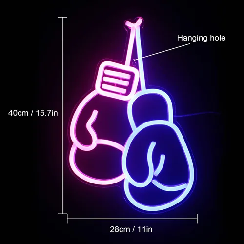 Miniatura 3 de Lucunstar Guantes de boxeo de neón, letrero de luz LED azul y rosa, guantes de boxeo, letreros de neón para decoración de pared de gimnasio, luz
