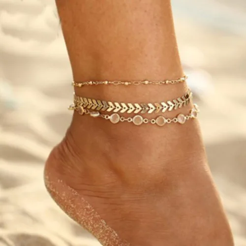 Miniatura 7 de Zoestar Pulsera para el tobillo de tres capas Cadena con hojas, accesorios de joyería para pie, para mujeres y niñas