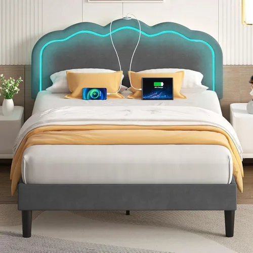 VECELO Base de cama tapizada tamaño Queen con cabecero ajustable, luces LED, USB-A y tipo C, plataforma de terciopelo sin ruido, base de colchón con